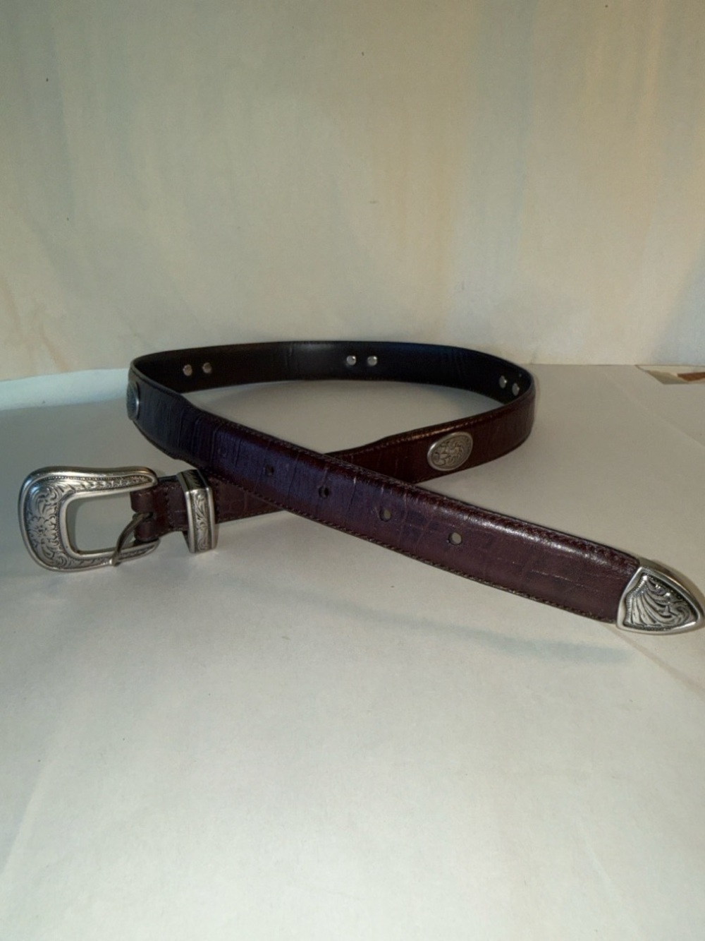 Vintage Western Leather Belt Silver Tone Conchos Engraved Buckle Brown Boho - Picture 2 of 7